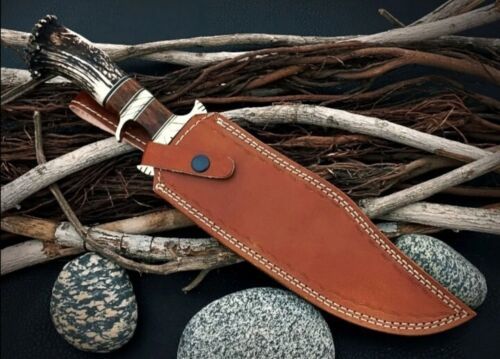Heritage Forge 15 Inch Custom Damascus Steel Bowie Knife with Stag Antler Handle