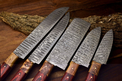 Custom Lot of 5 Handmade Hammered Damascus Steel Blade Chef Set Knives