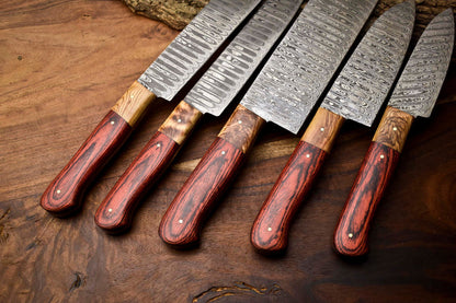Custom Lot of 5 Handmade Hammered Damascus Steel Blade Chef Set Knives