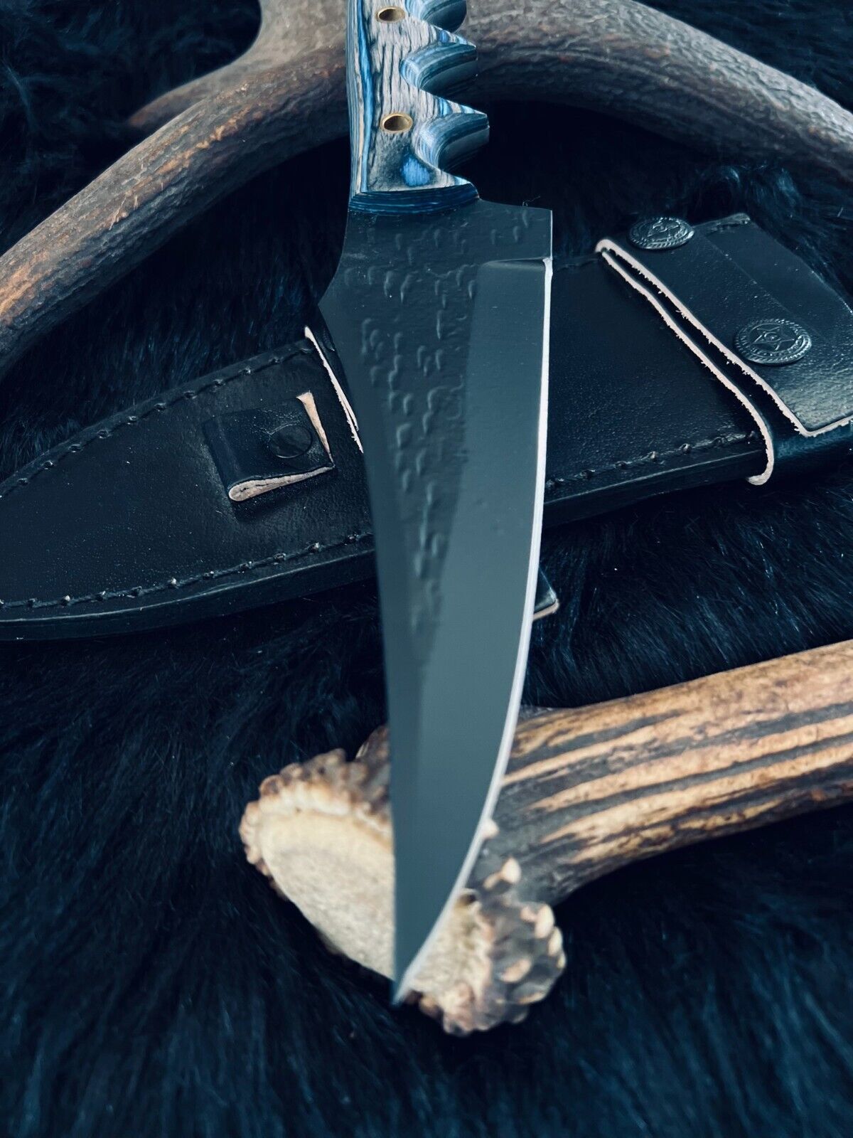 10" Handmade D2 Steel Bowie Knife – Camel Bone & Wood Handle with Damascus Bolster