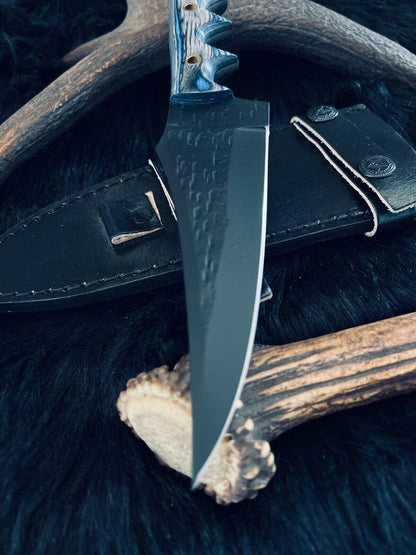 10" Handmade D2 Steel Bowie Knife – Camel Bone & Wood Handle with Damascus Bolster