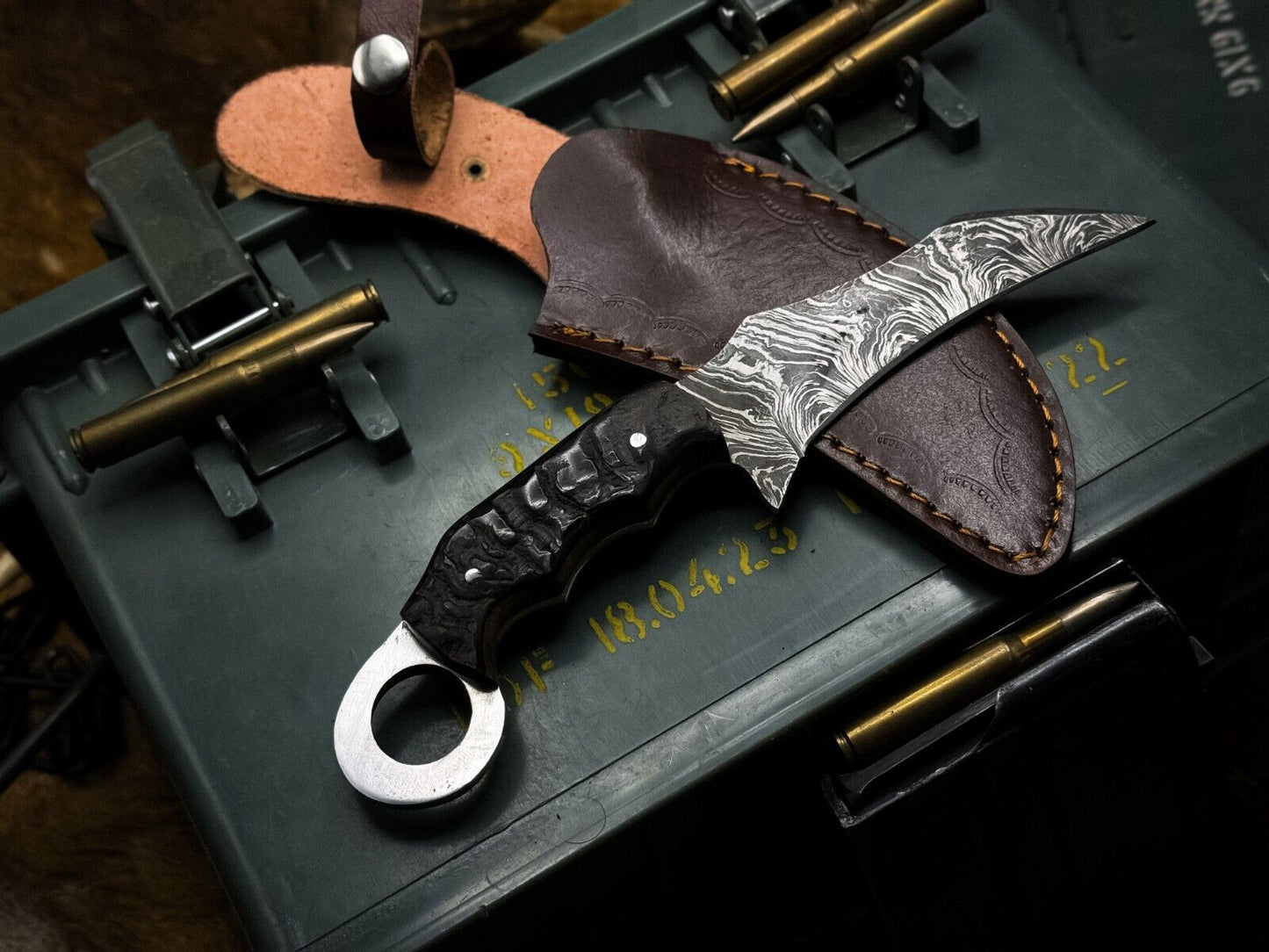 Handmade Damascus Karambit Knife Hunting Knife Best Karambit with Ram Horn Handle