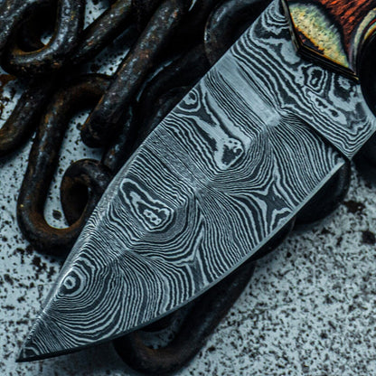 8.5 Inch Custom Damascus Bowie Tactical Knife with Wooden Handle