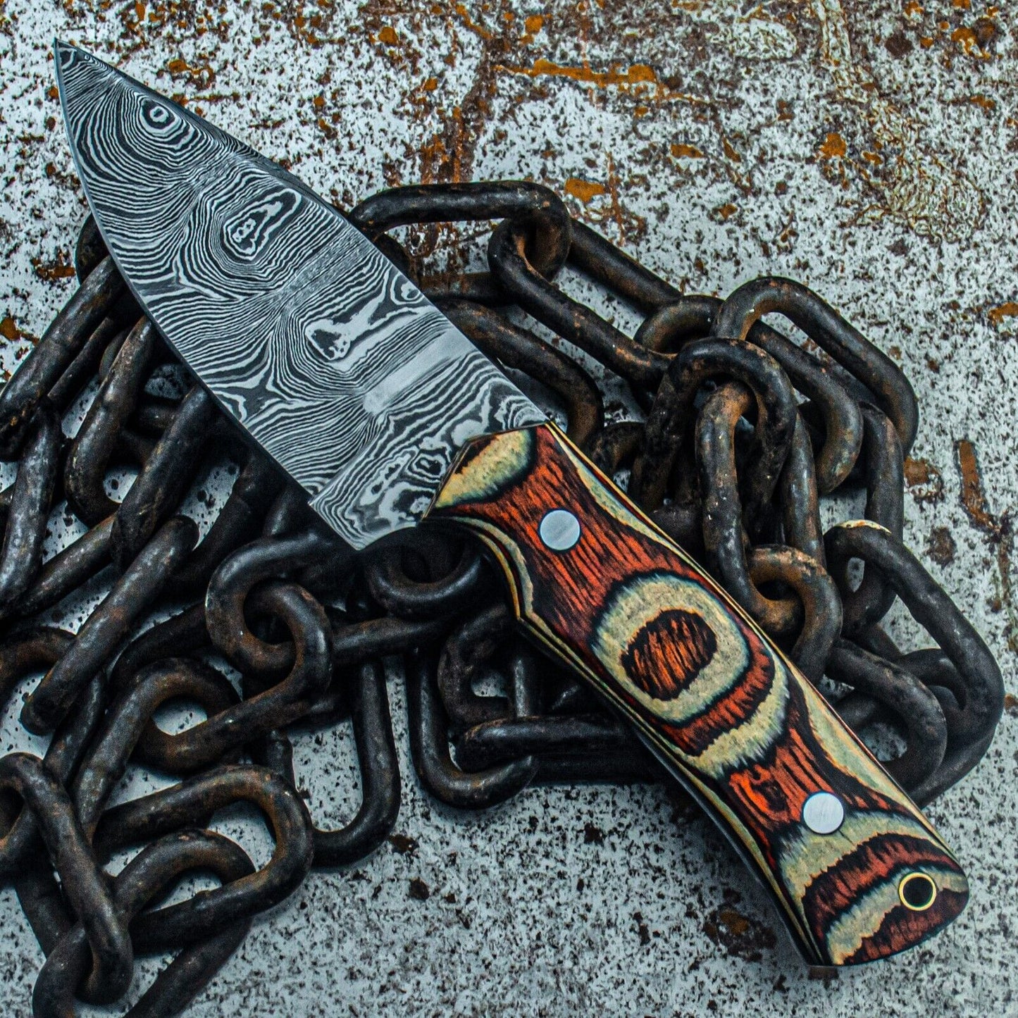 8.5 Inch Custom Damascus Bowie Tactical Knife with Wooden Handle
