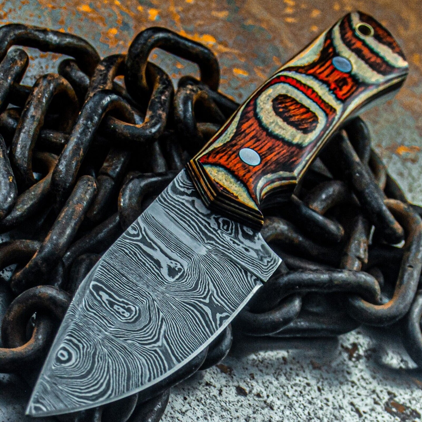 8.5 Inch Custom Damascus Bowie Tactical Knife with Wooden Handle