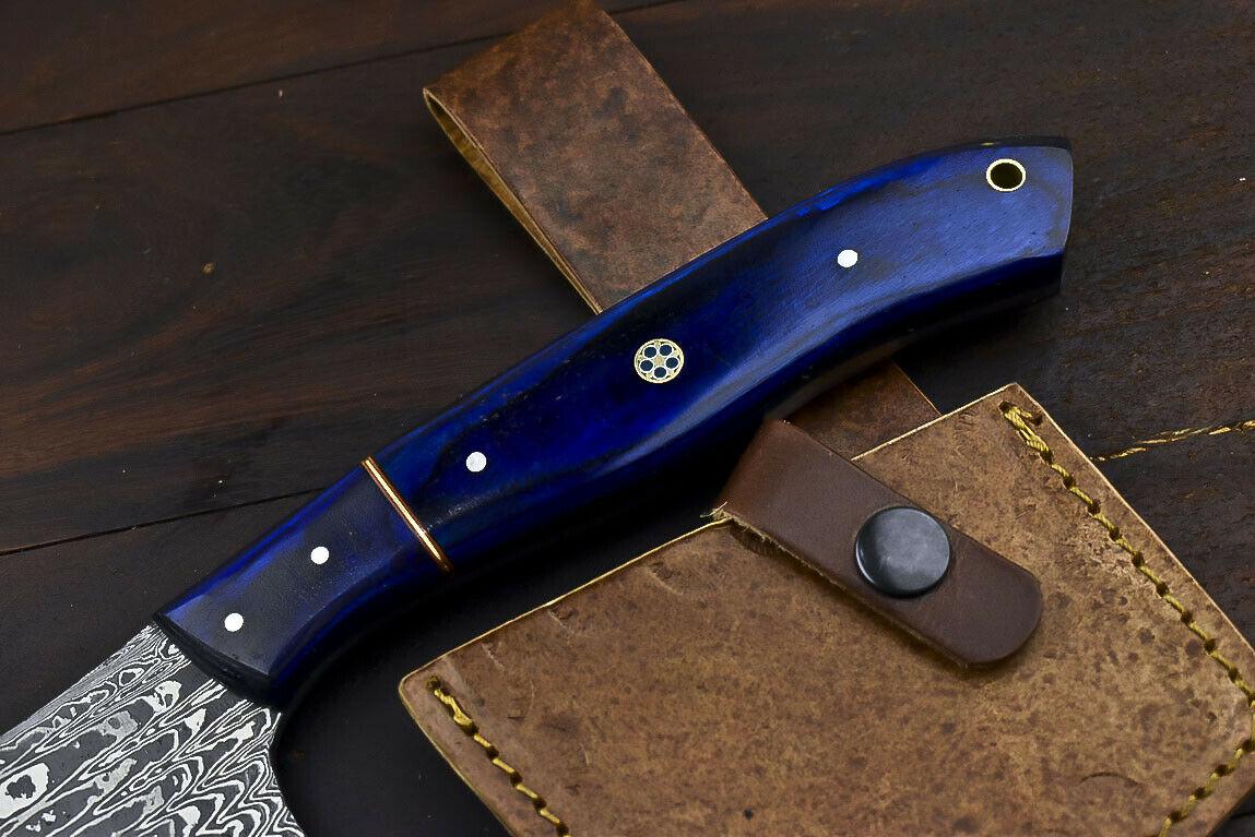 Handmade Damascus Steel Axe Knife Hard Wood Hunting Clever Chopper with Leather Sheath