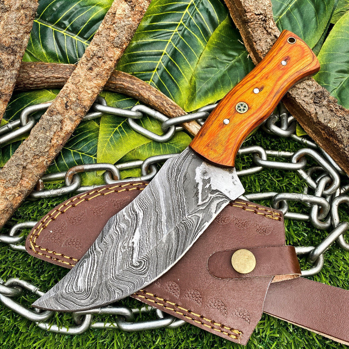 Custom Handmade Damascus Steel Full Tang Tracker Knife – Hardwood Handle