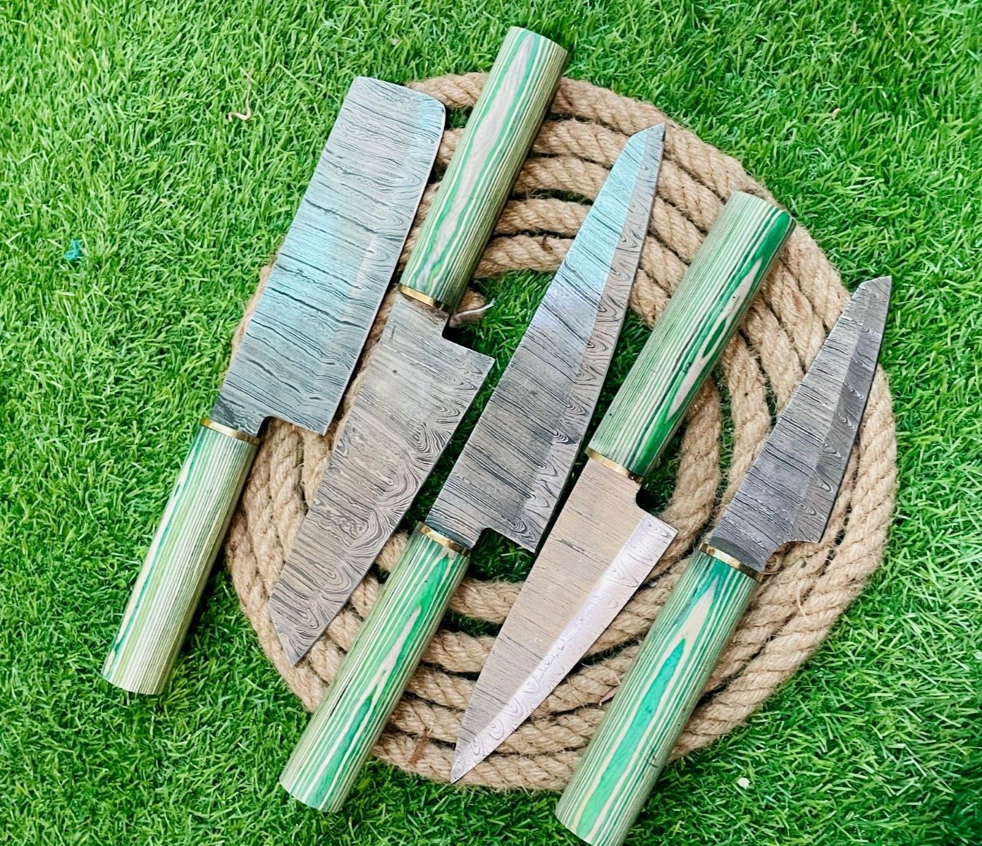 Custom 5-Piece Handmade Damascus Steel Chef Knife Set with Leather Bag – Kitchen Cutlery