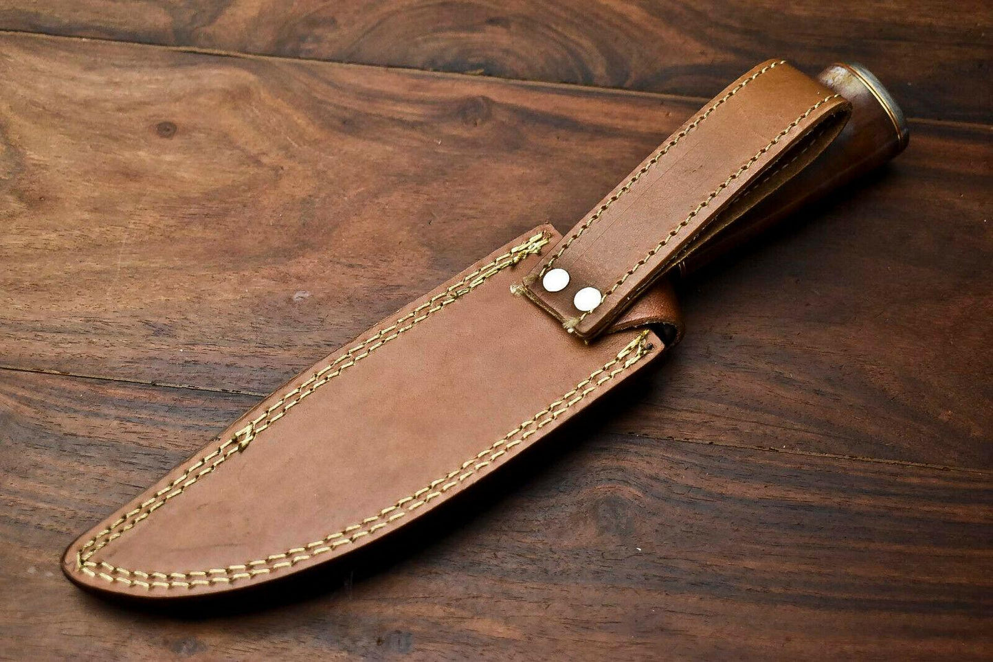Heritage Forge 12.5" Damascus Bowie Knife with Camel Bone Handle and Leather Sheath
