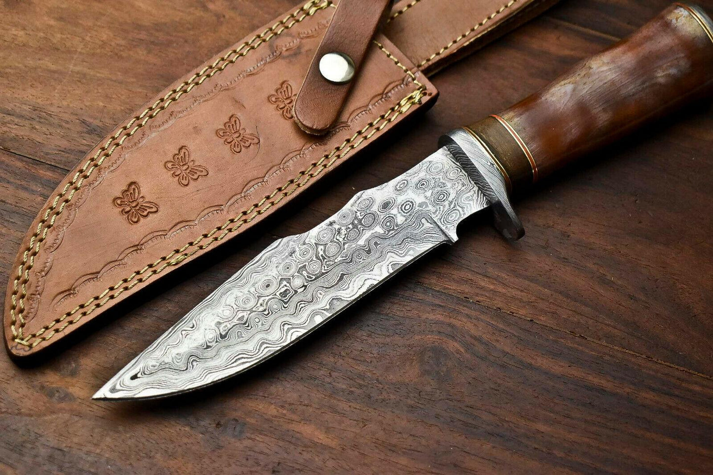 Heritage Forge 12.5" Damascus Bowie Knife with Camel Bone Handle and Leather Sheath