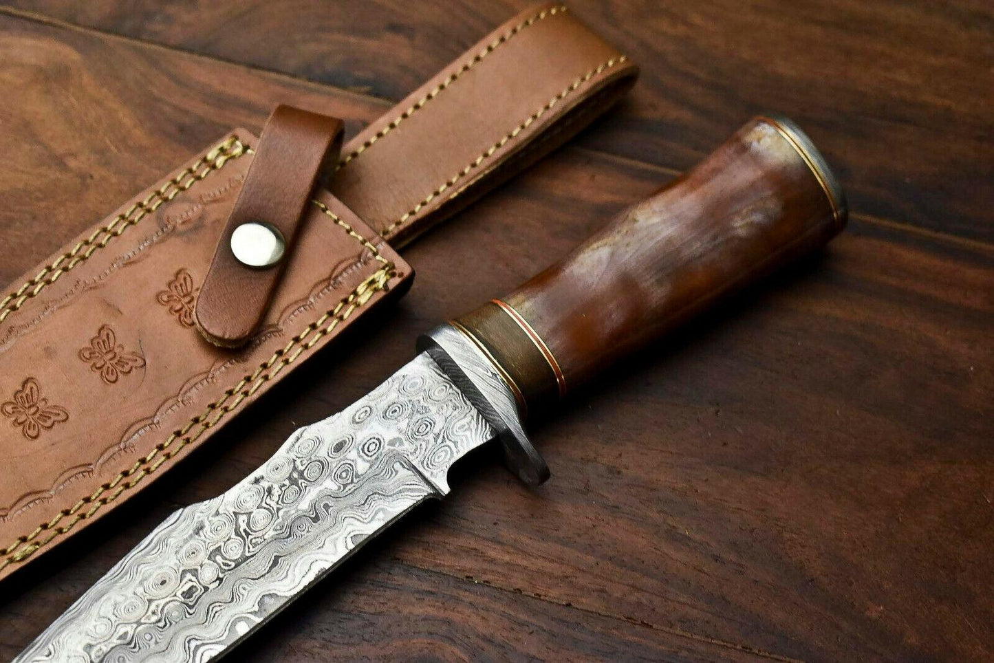 Heritage Forge 12.5" Damascus Bowie Knife with Camel Bone Handle and Leather Sheath
