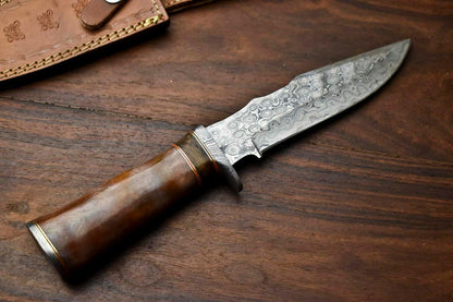 Heritage Forge 12.5" Damascus Bowie Knife with Camel Bone Handle and Leather Sheath