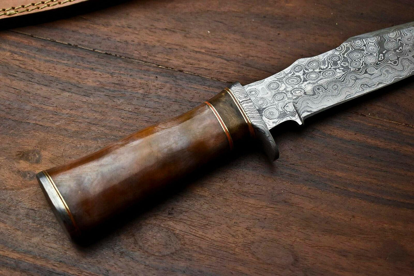 Heritage Forge 12.5" Damascus Bowie Knife with Camel Bone Handle and Leather Sheath