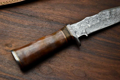 Heritage Forge 12.5" Damascus Bowie Knife with Camel Bone Handle and Leather Sheath