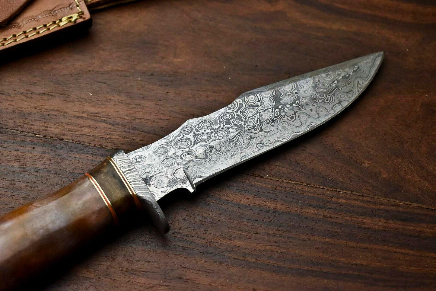 Heritage Forge 12.5" Damascus Bowie Knife with Camel Bone Handle and Leather Sheath