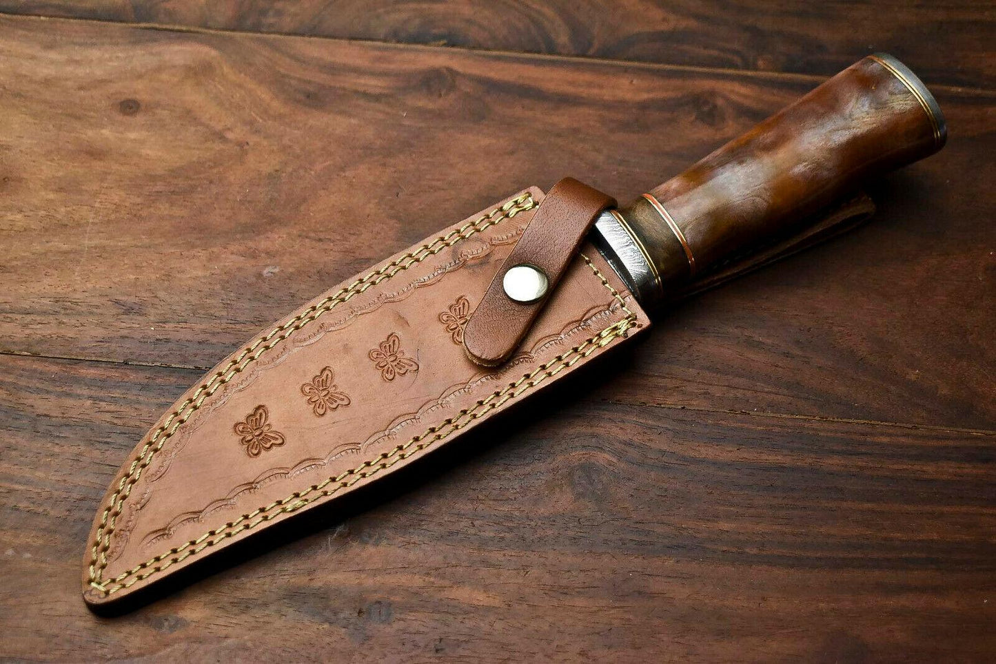 Heritage Forge 12.5" Damascus Bowie Knife with Camel Bone Handle and Leather Sheath