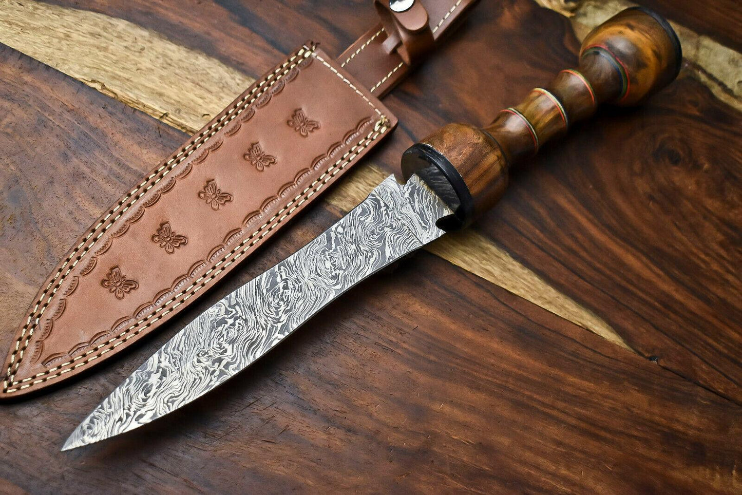 13" Damascus Dagger Bowie Knife – Walnut Wood Handle