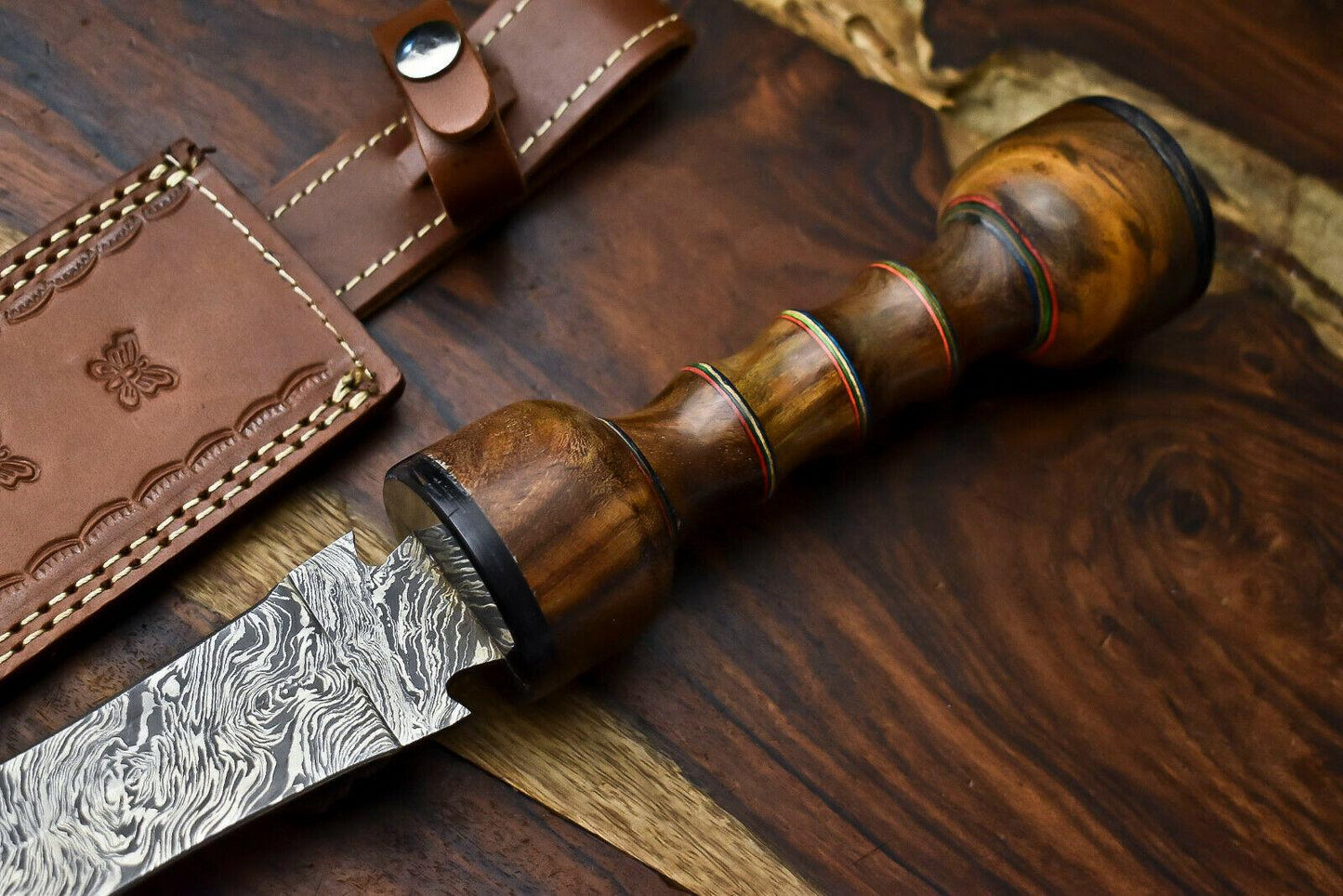 13" Damascus Dagger Bowie Knife – Walnut Wood Handle