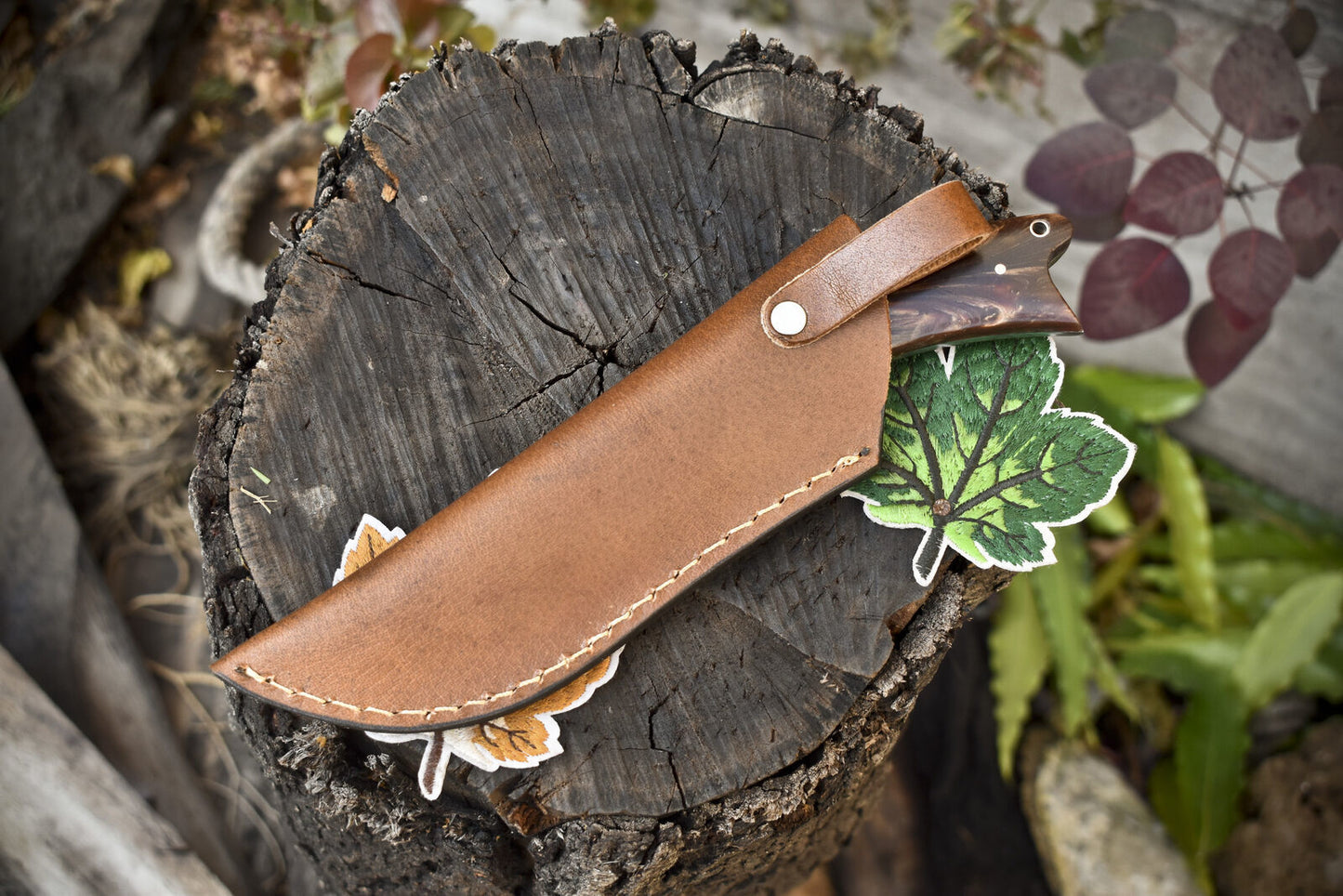 Twist Damascus Skinner Knife Corian Handle for Hunting with Leather Sheath