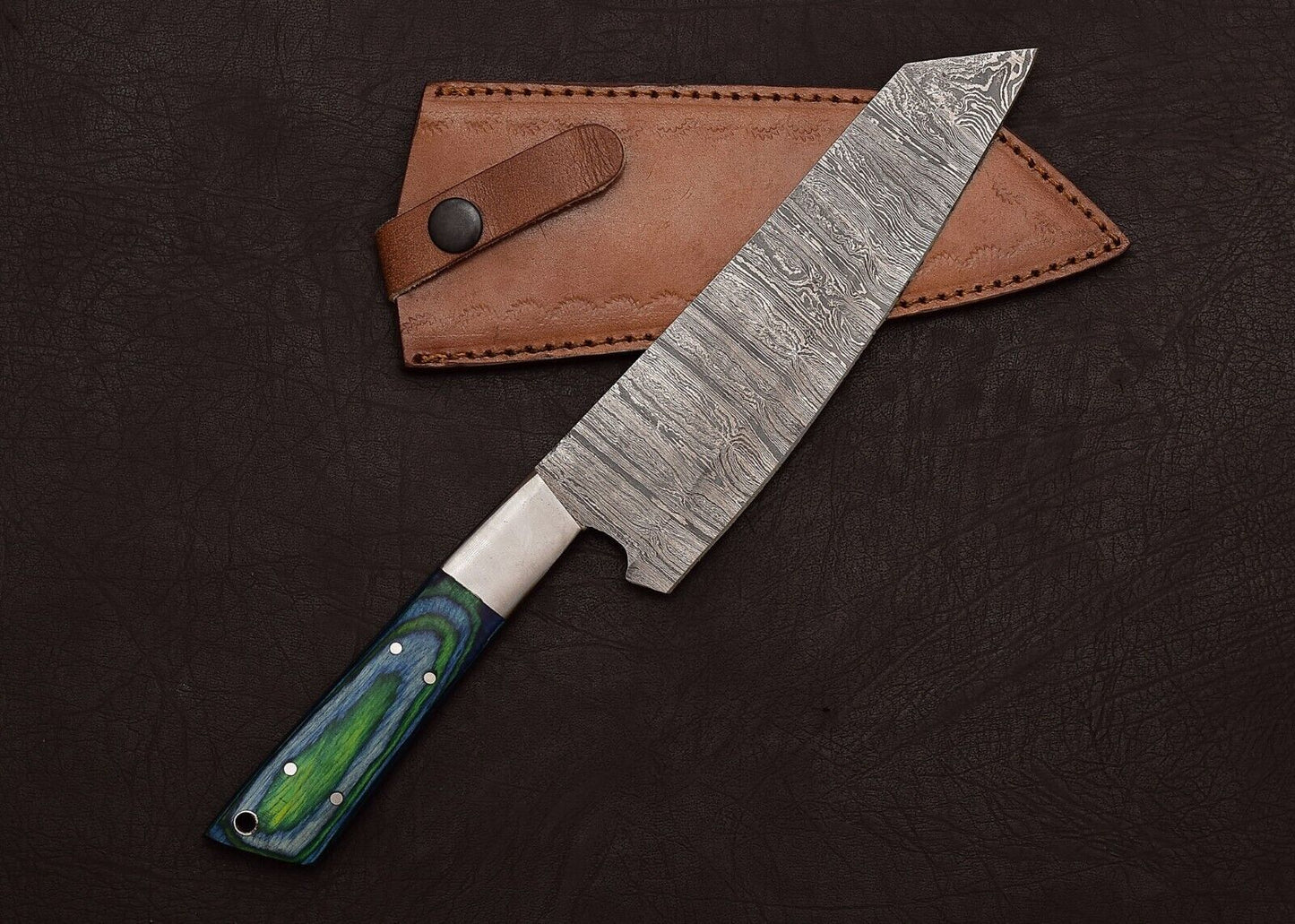 Handmade Full Tang Damascus Steel Chef & Hunting Knife 8" Pakka Wood Handle Sheath