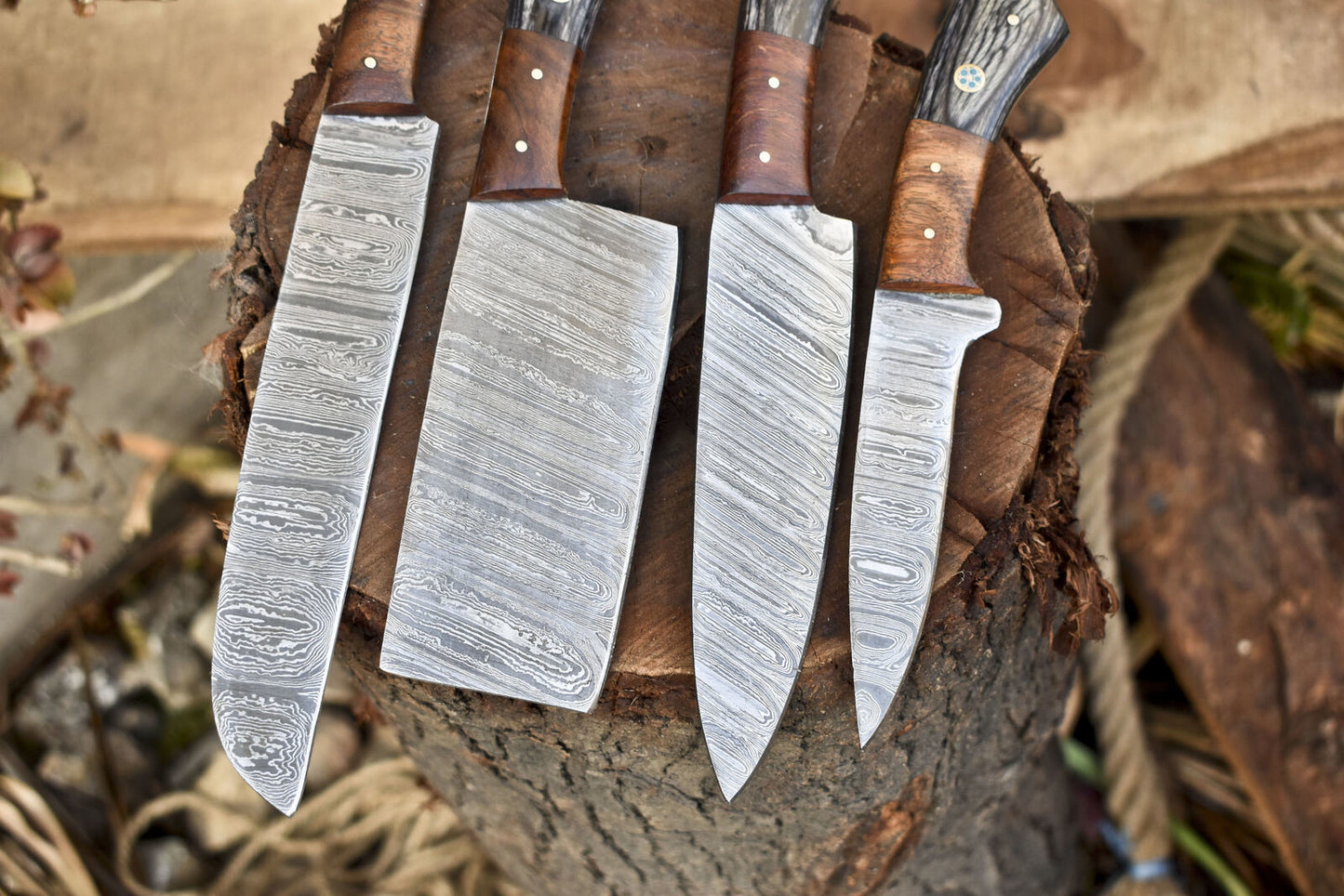 Handcrafted Twist Damascus Chef Knife Set of 4 – Hardwood Handle, Camping & Kitchen Use
