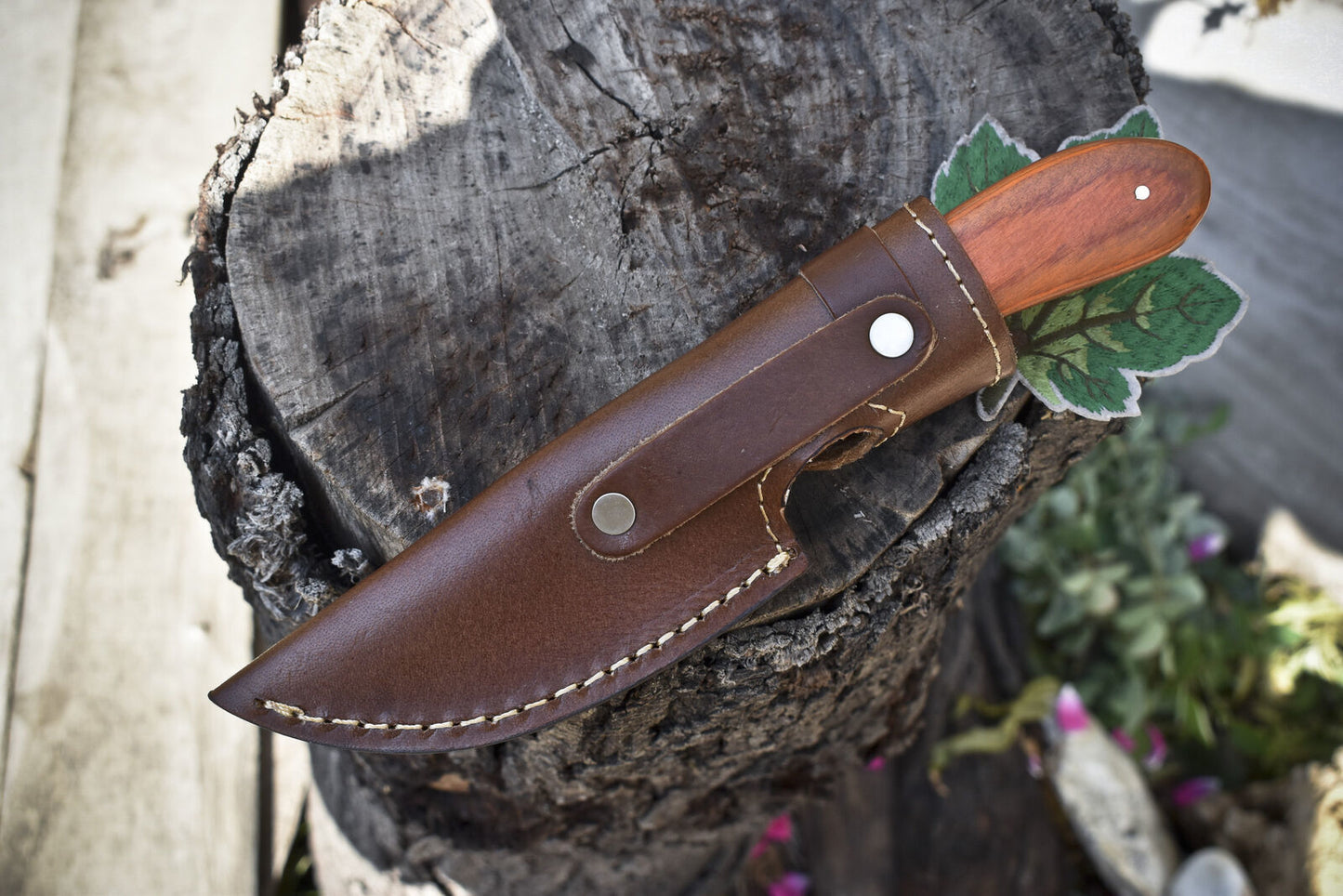9" Ladder Damascus Skinner Knife Hardwood Handle Micarta Bolster with Sheath
