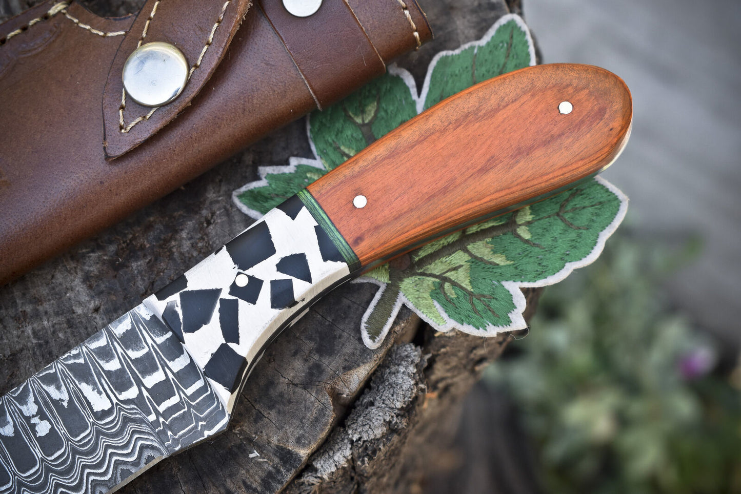 9" Ladder Damascus Skinner Knife Hardwood Handle Micarta Bolster with Sheath