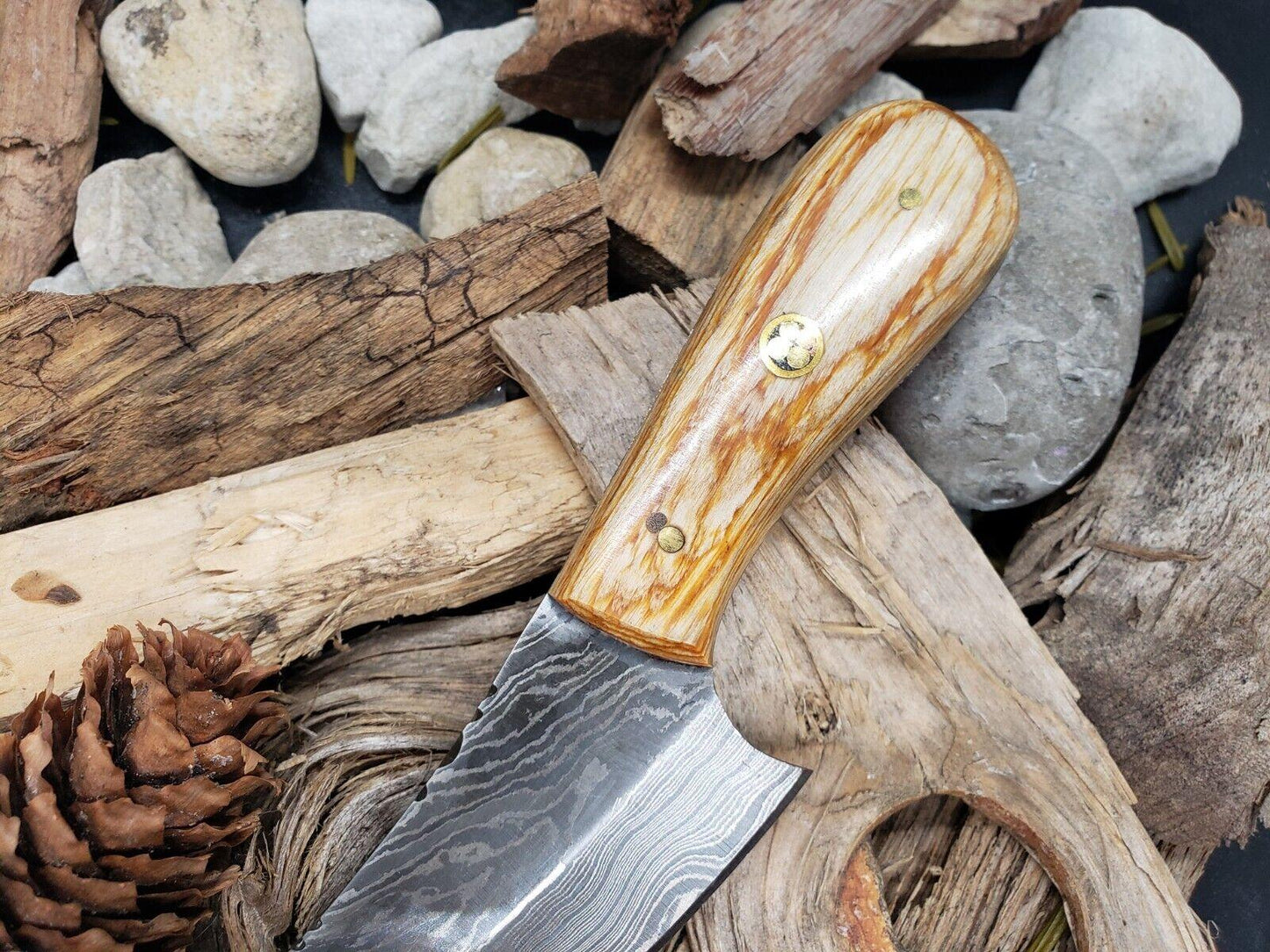 Hand Forged Damascus Steel EDC Hunting Cleaver Bowie Knife | Olive Wood Handle & Leather Sheath