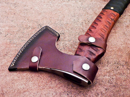 Hand Forged Viking Bearded Axe Carbon Steel Hatchet Tomahawk with Natural Wood Handle and Leather Sheath 18"