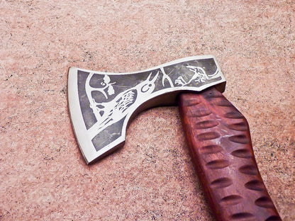 Hand Forged Viking Bearded Axe Carbon Steel Hatchet Tomahawk with Natural Wood Handle and Leather Sheath 18"