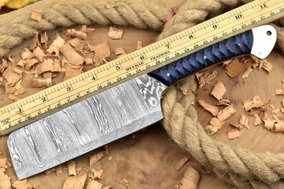 Custom Handmade Damascus Steel Kitchen Chef Knife – Blue Dollar Cleaver with Sturl Open Tang Handle