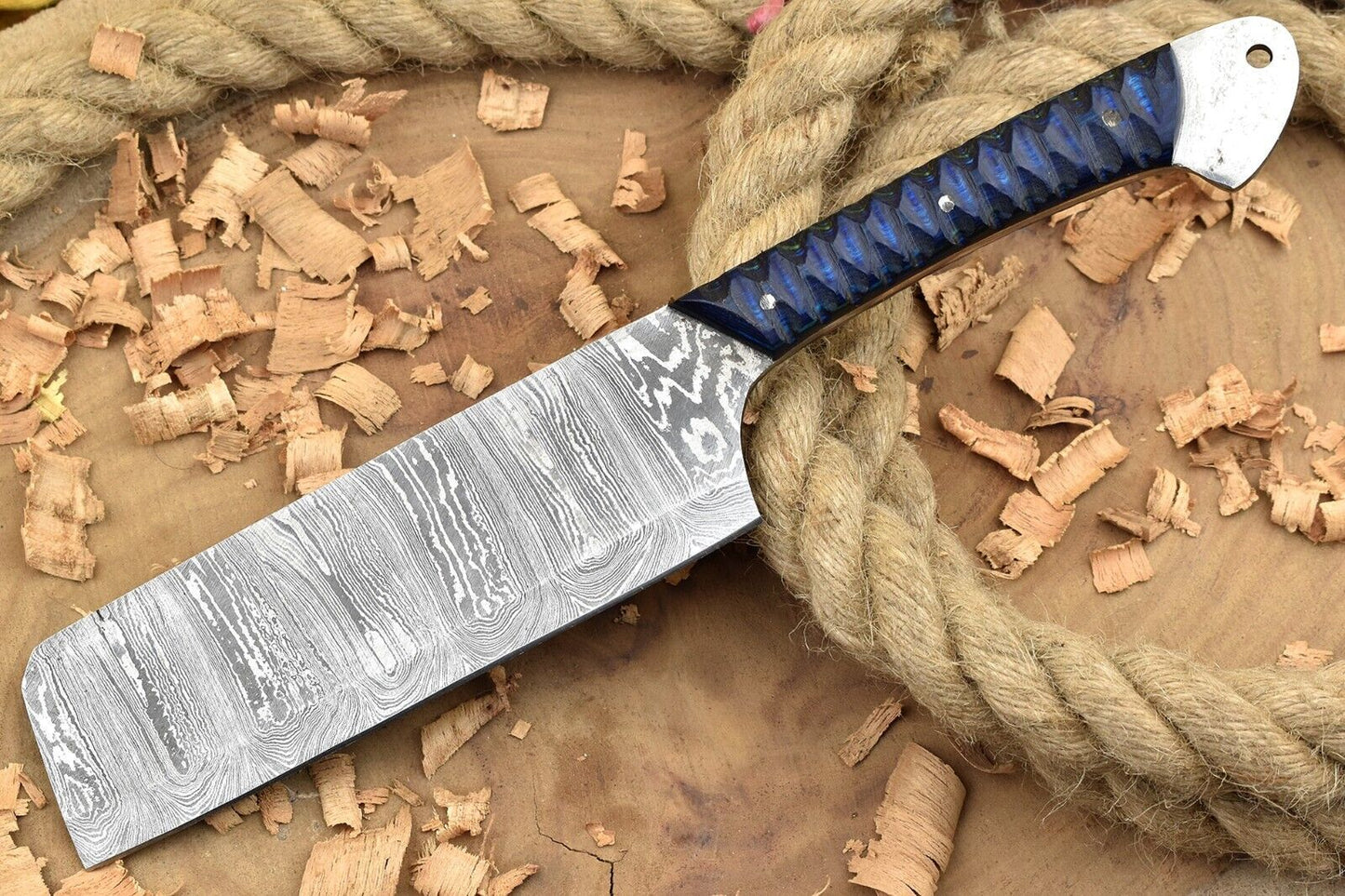 Custom Handmade Damascus Steel Kitchen Chef Knife – Blue Dollar Cleaver with Sturl Open Tang Handle