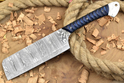Custom Handmade Damascus Steel Kitchen Chef Knife – Blue Dollar Cleaver with Sturl Open Tang Handle