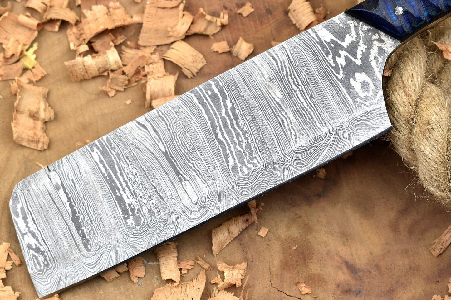 Custom Handmade Damascus Steel Kitchen Chef Knife – Blue Dollar Cleaver with Sturl Open Tang Handle