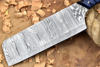 Custom Handmade Damascus Steel Kitchen Chef Knife – Blue Dollar Cleaver with Sturl Open Tang Handle