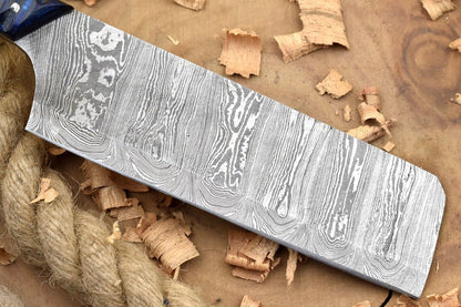 Custom Handmade Damascus Steel Kitchen Chef Knife – Blue Dollar Cleaver with Sturl Open Tang Handle