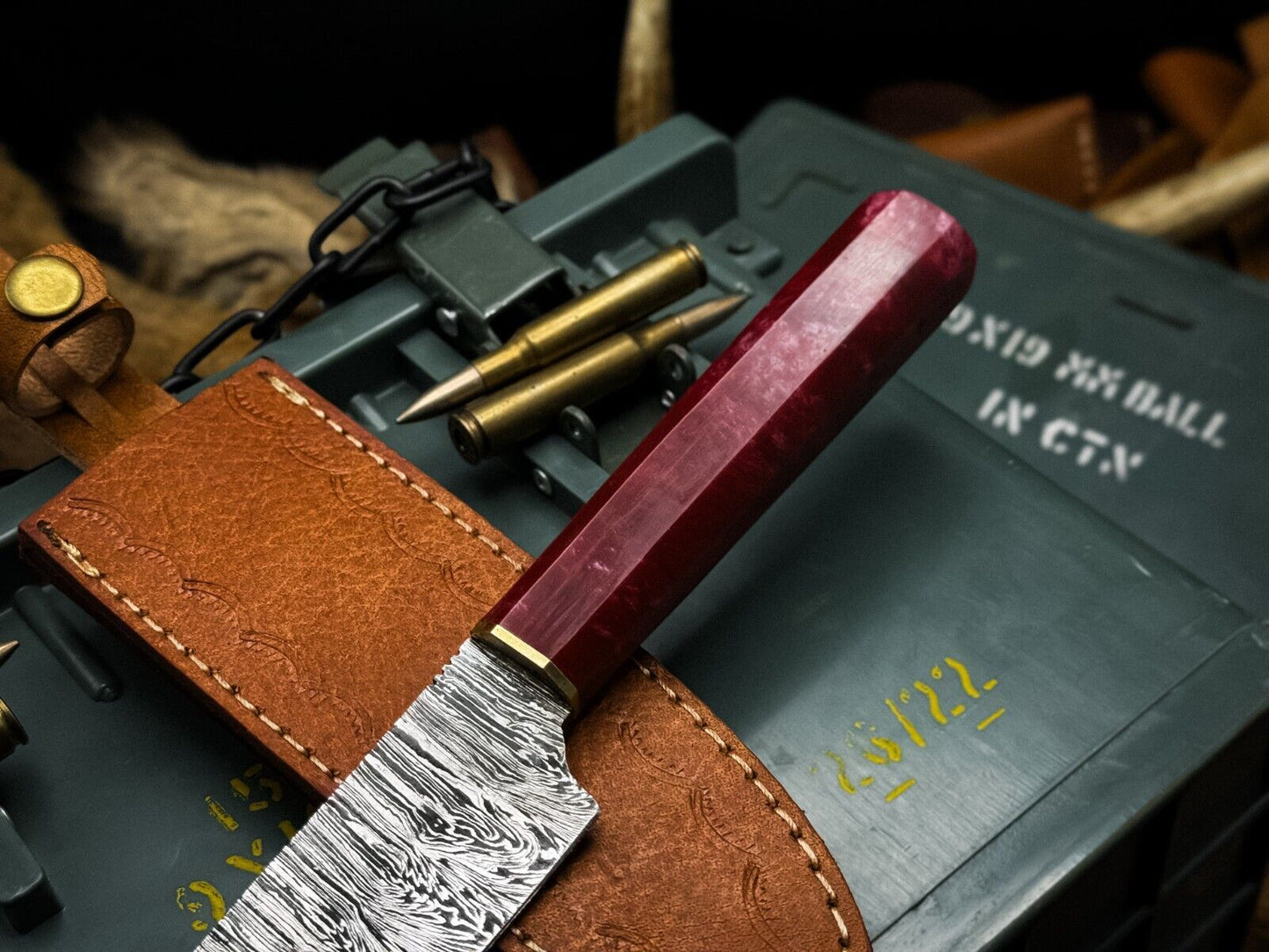 Handmade Damascus Steel Chef Vegetable Knife, Epoxy Resin Handle + Sheath