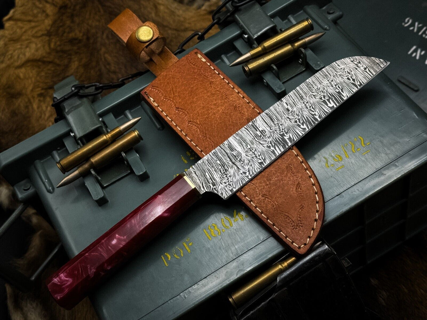 Handmade Damascus Steel Chef Vegetable Knife, Epoxy Resin Handle + Sheath