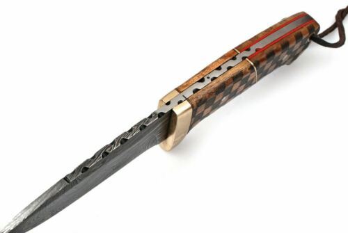 Custom Hand-Forged Damascus Bowie Knife – Wood Handle with Brass Guard & Leather Sheath (8")