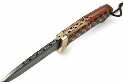 Custom Hand-Forged Damascus Bowie Knife – Wood Handle with Brass Guard & Leather Sheath (8")