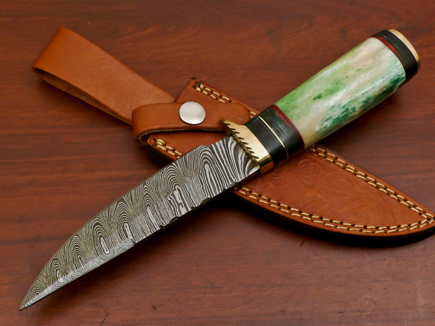 10 Inch Handmade Damascus Steel Hunting Knife with Camel Bone and Pakka Wood Handle