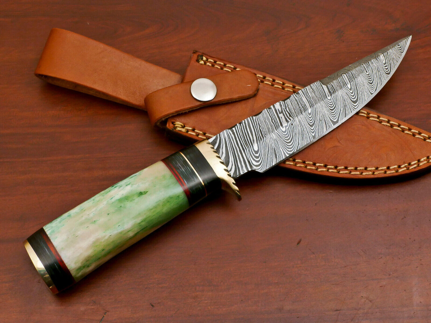 10 Inch Handmade Damascus Steel Hunting Knife with Camel Bone and Pakka Wood Handle