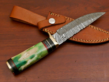 10 Inch Handmade Damascus Steel Hunting Knife with Camel Bone and Pakka Wood Handle