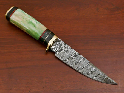 10 Inch Handmade Damascus Steel Hunting Knife with Camel Bone and Pakka Wood Handle