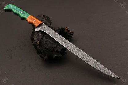 13" Custom Hand Forged Fire Damascus Steel Fillet Knife Damascus Fillet Knife With Leather Sheath