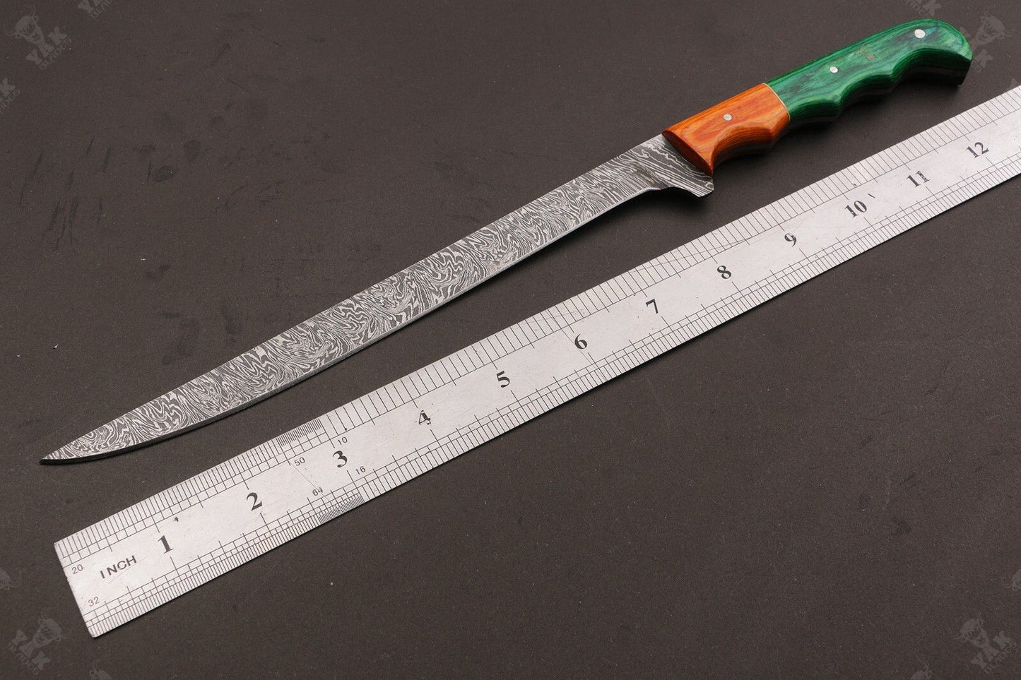 13" Custom Hand Forged Fire Damascus Steel Fillet Knife Damascus Fillet Knife With Leather Sheath