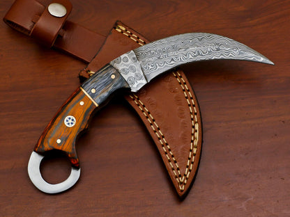 8.5 Inch Damascus Karambit Dagger Knife with Pakka Wood Handle