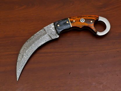 8.5 Inch Damascus Karambit Dagger Knife with Pakka Wood Handle