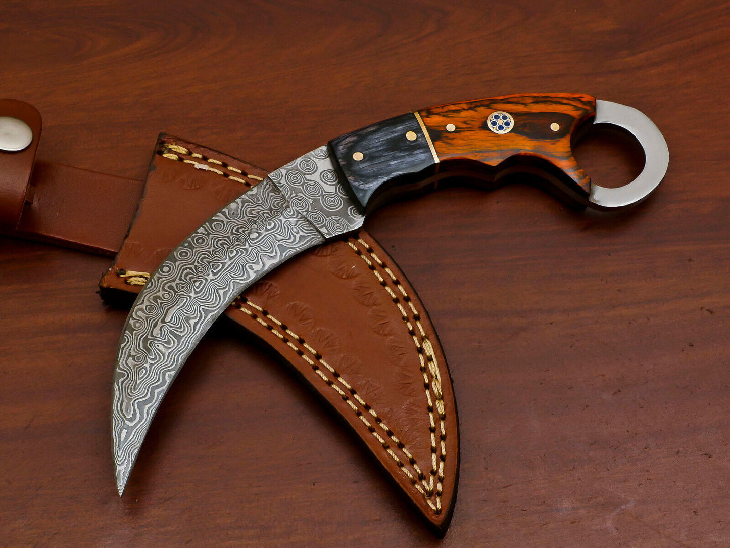 8.5 Inch Damascus Karambit Dagger Knife with Pakka Wood Handle