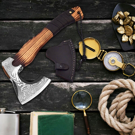Hand Forged Ragnar Lothbrok Viking Axe Bearded Carbon Steel Battle Ready Axe with Leather Sheath